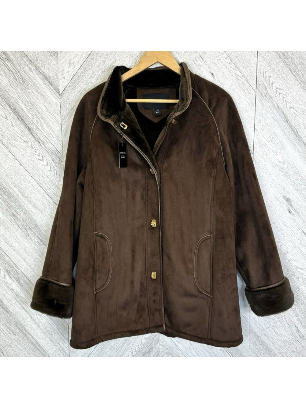 London Fog Faux Suede Sherpa Shearling Penny Lane Toggle Coat Womens Large NEW